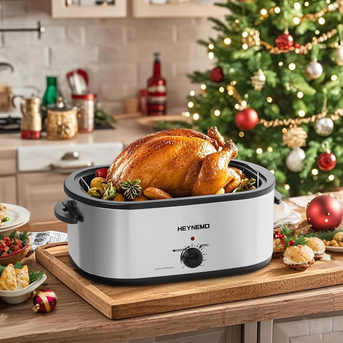 24Qt Electric Roaster Oven Stainless Steel 3-Compartment Turkey Removable Rack
