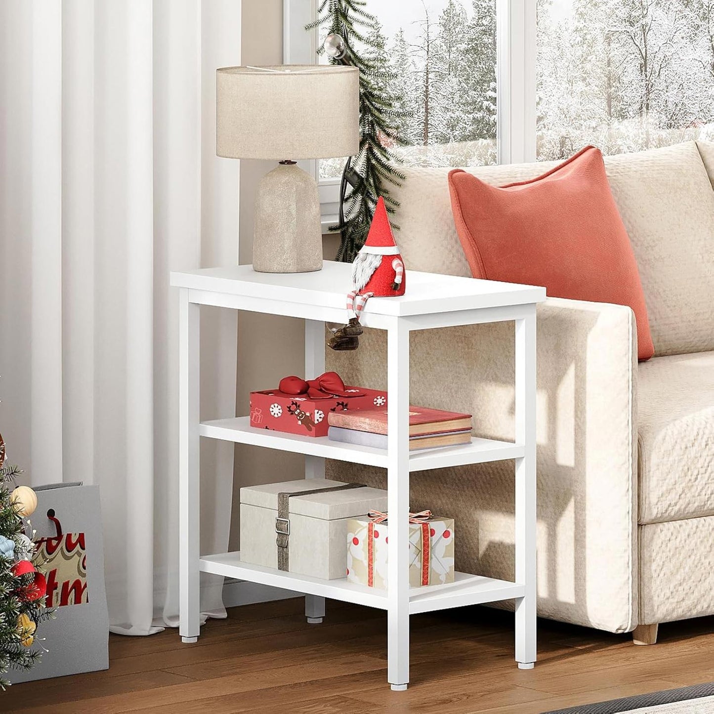 Rustic 3-Tier End Table Nightstand Narrow Side Table White