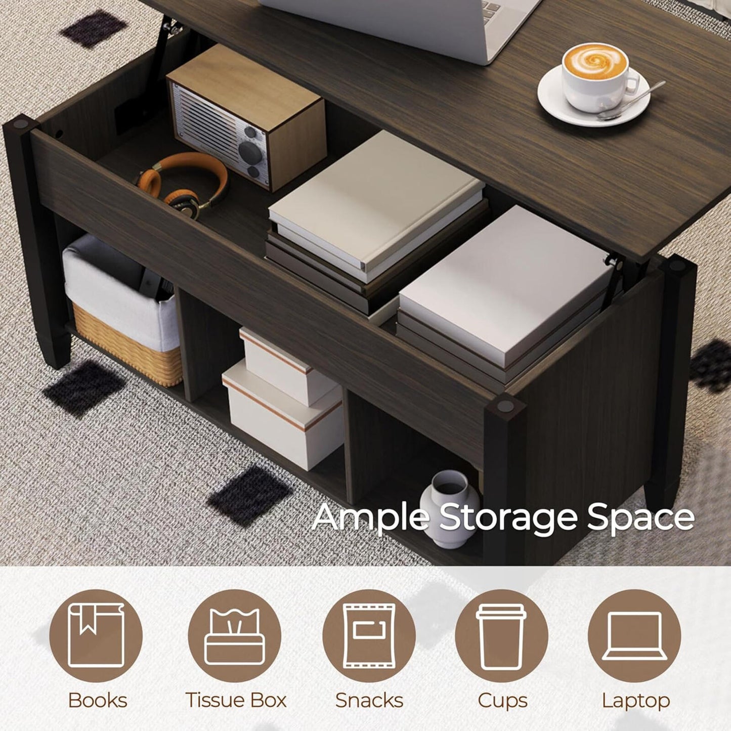 41" Lift Top Coffee Table w/ Storage Hidden Compartment Shelf Espresso
