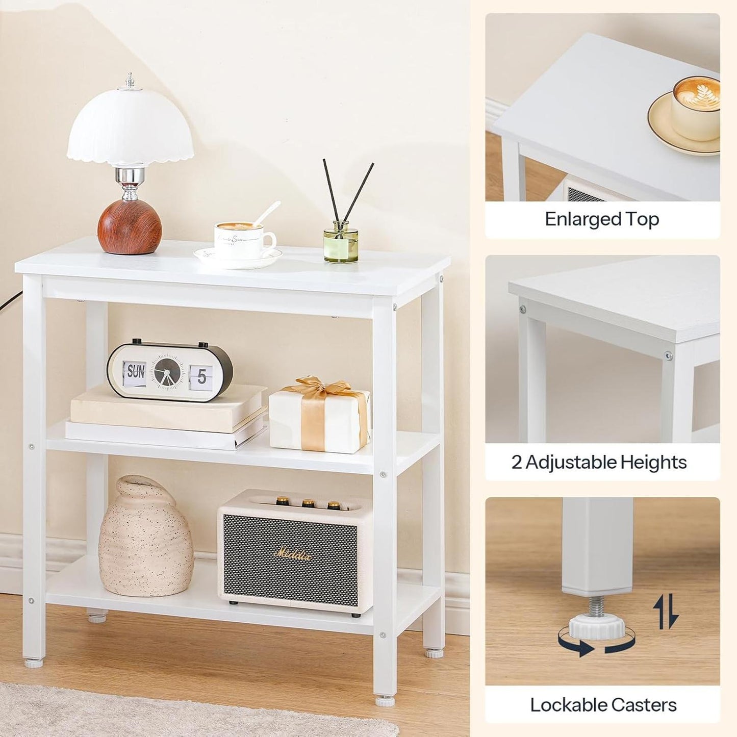 Rustic 3-Tier End Table Nightstand Narrow Side Table White