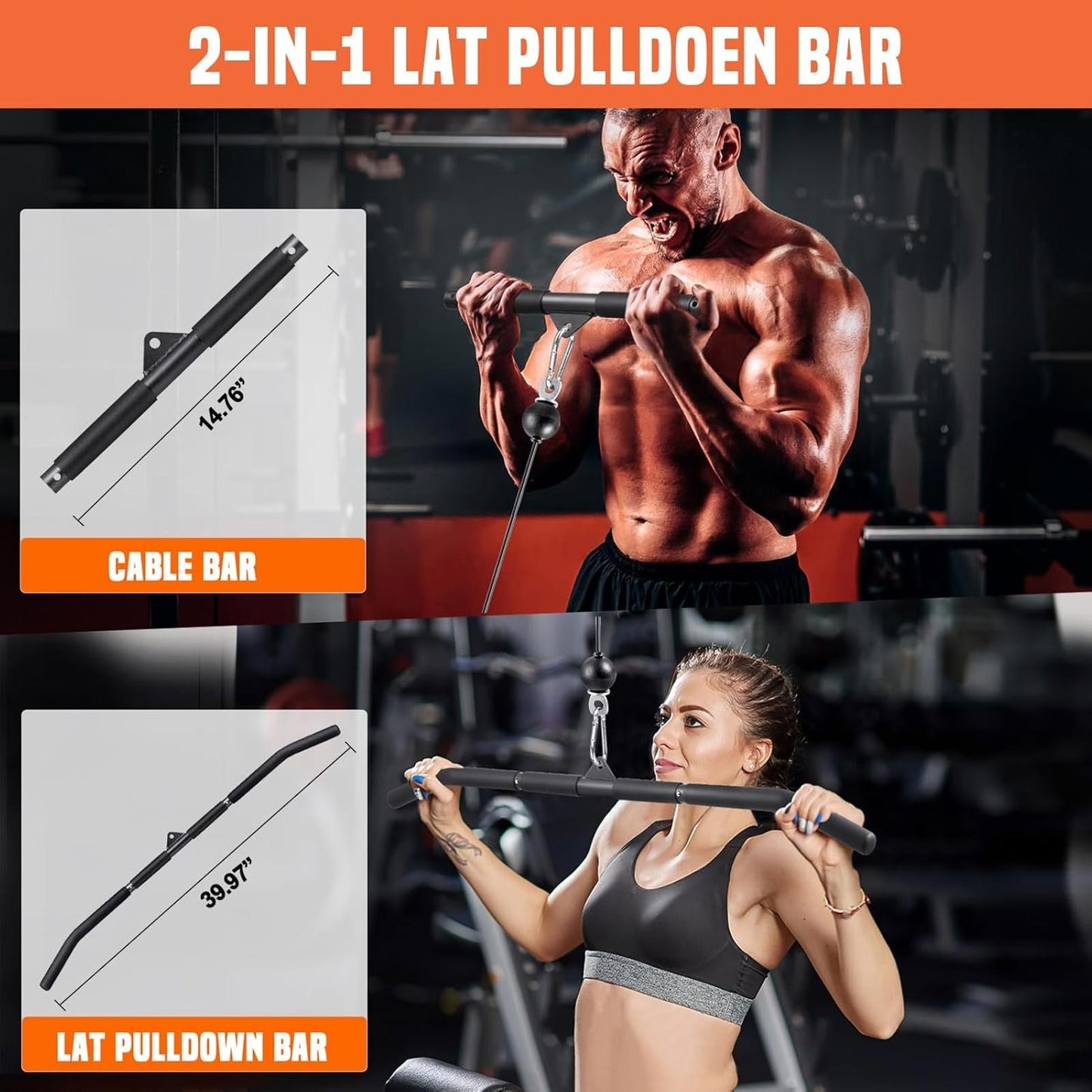 Cable Pulley System Gym LAT Pulldown 2-in-1 Bar Triceps Biceps Back Shoulder