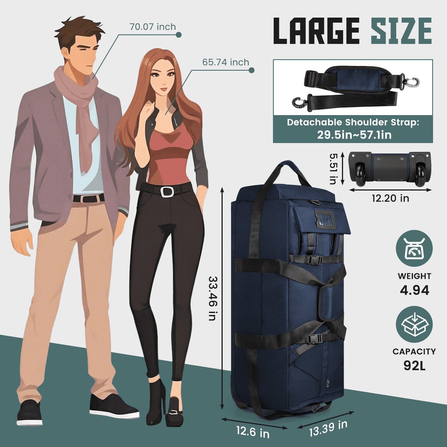 34 Inch Rolling Duffel Bag 90L Travel Camping Sports Blue