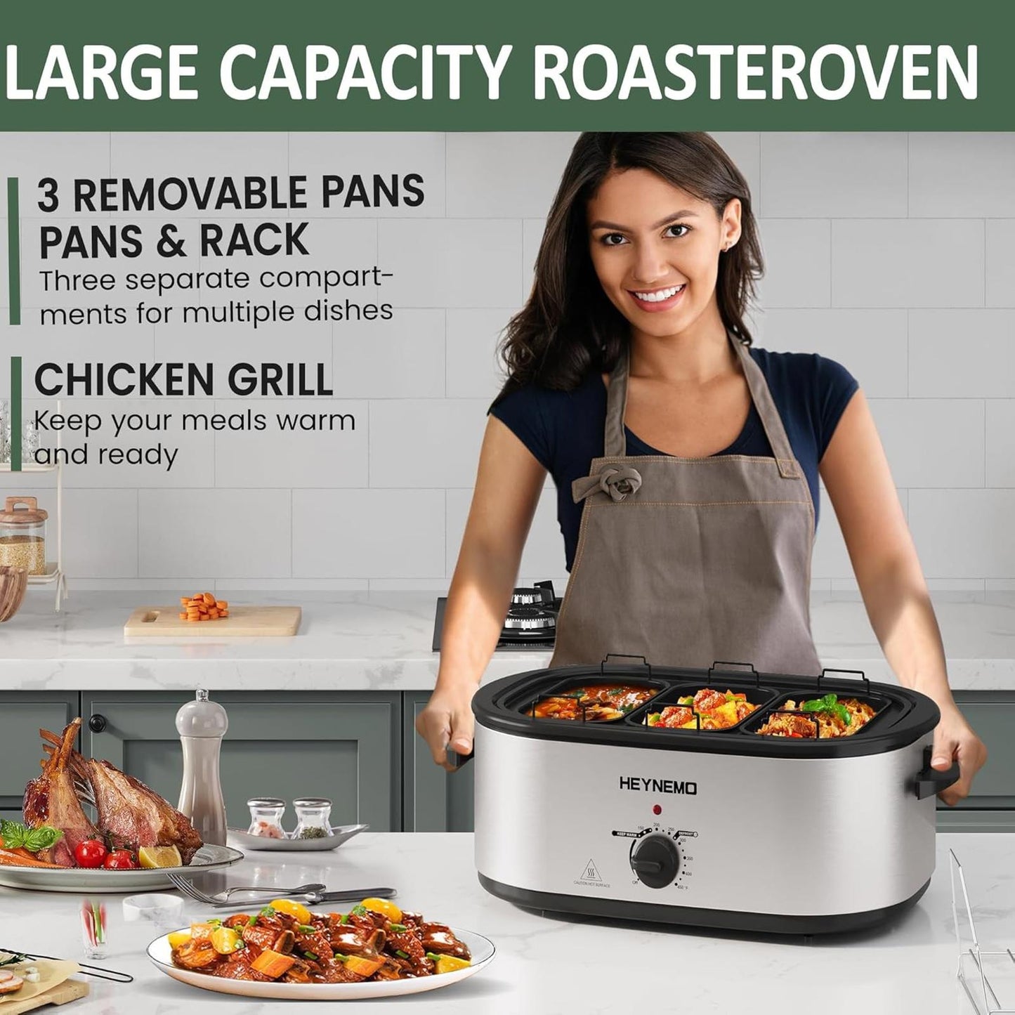 24Qt Electric Roaster Oven Stainless Steel 3-Compartment Turkey Removable Rack