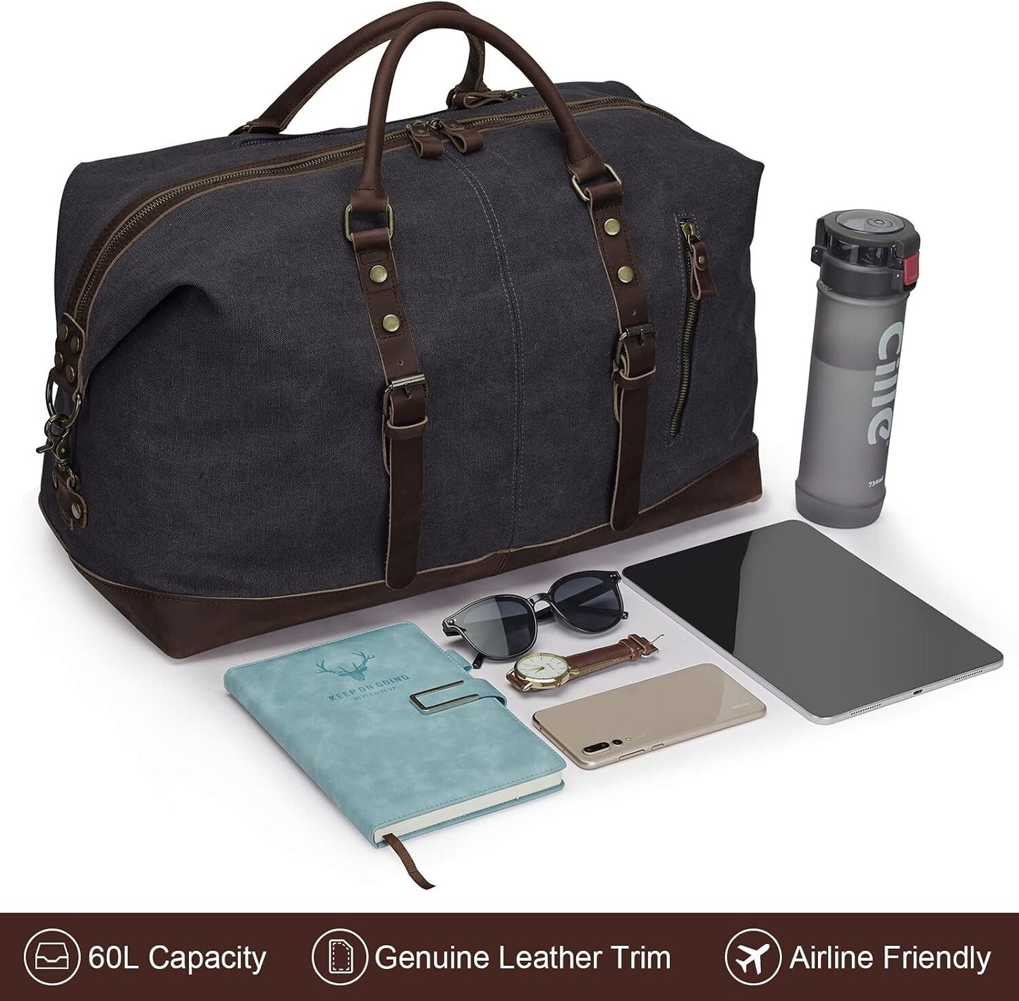 Men's Canvas Travel Duffel Bag Leather Carry On Weekender