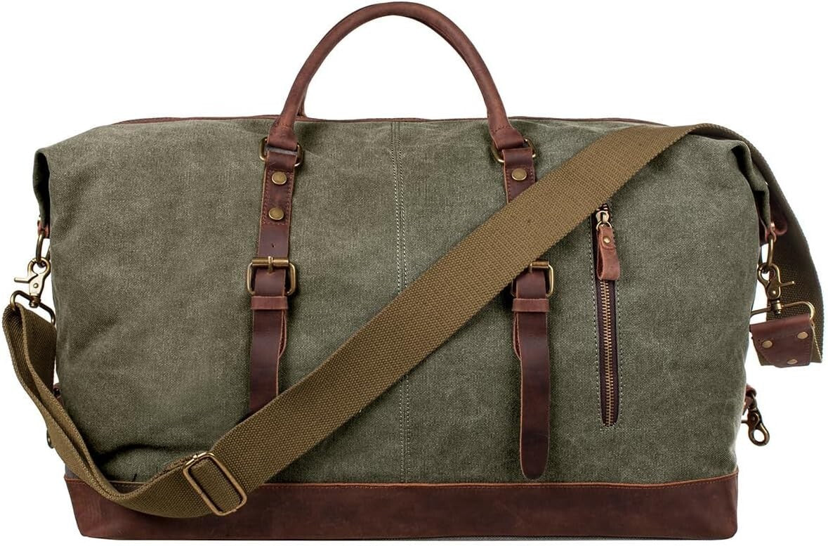 Canvas Travel Duffel Bag Leather Trim Carry On Weekender