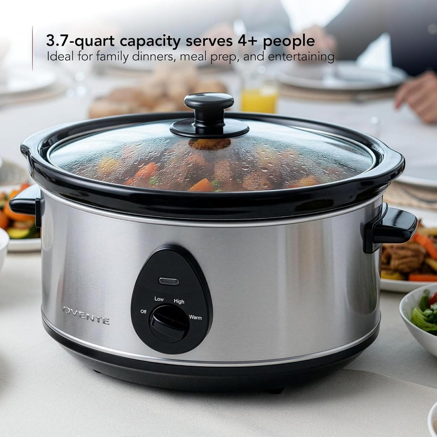 3.7Qt Electric Slow Cooker Stainless Steel Non-Stick Dishwasher Safe Silver