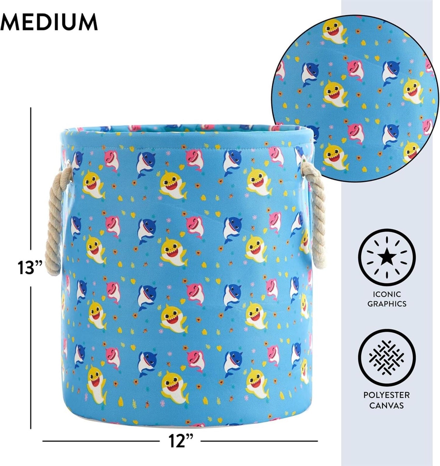 Baby Shark 3-Piece Nestable Toy Storage Baskets Multi-Size Fabric w/ Handles