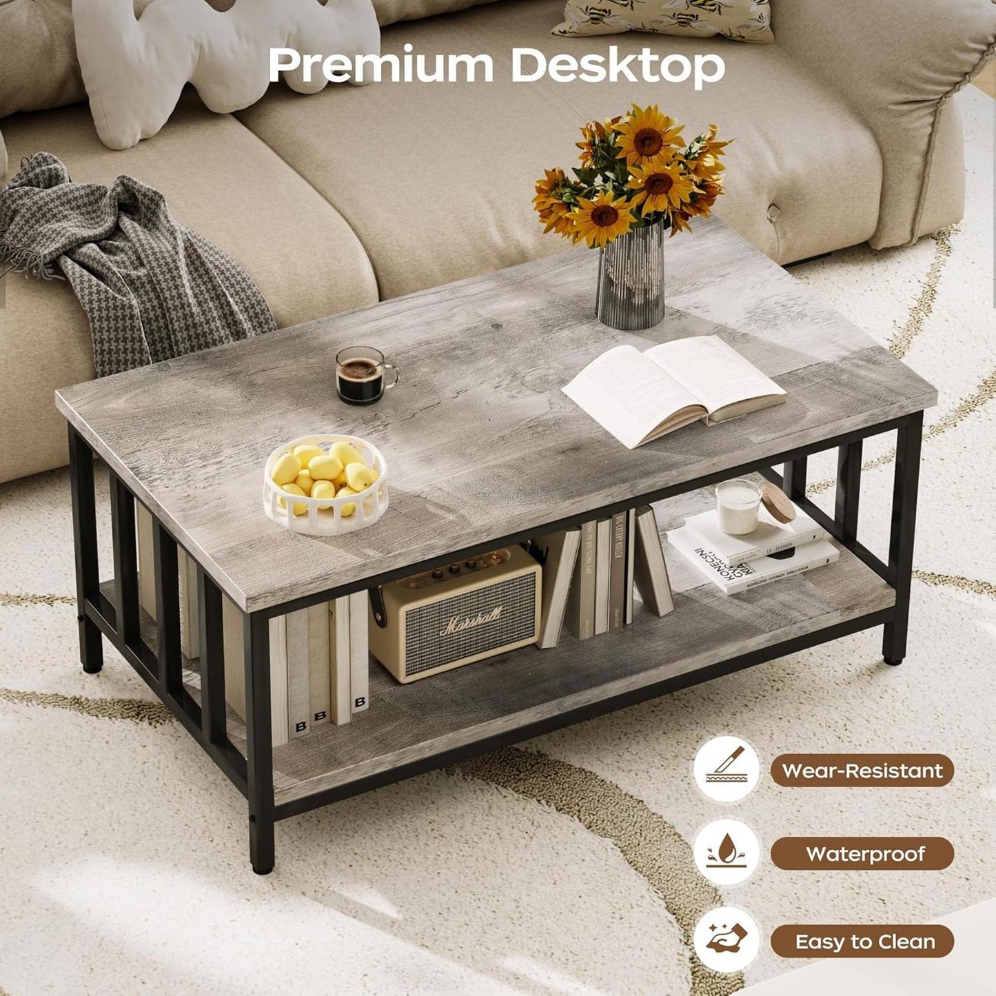 39" Grey Wash Modern Farmhouse Coffee Table with Two-Tier Storage