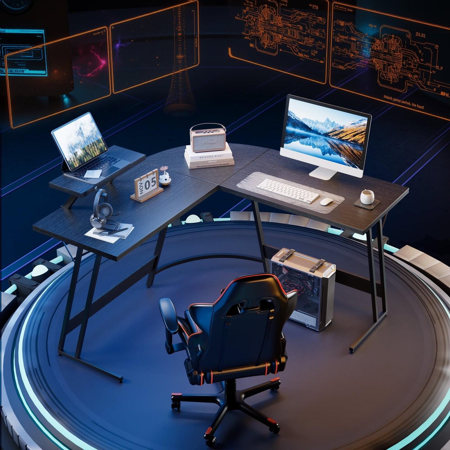 51" L-Shaped Gaming Desk Corner Office with Removable Monitor Riser Black