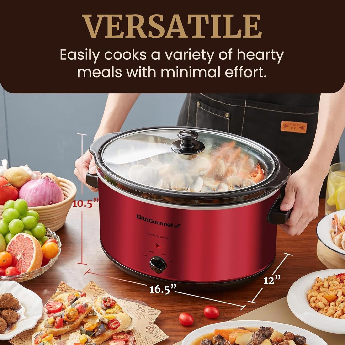 8.5Qt Electric Ceramic XL Slow Cooker Metallic Red Dishwasher Safe Glass Lid