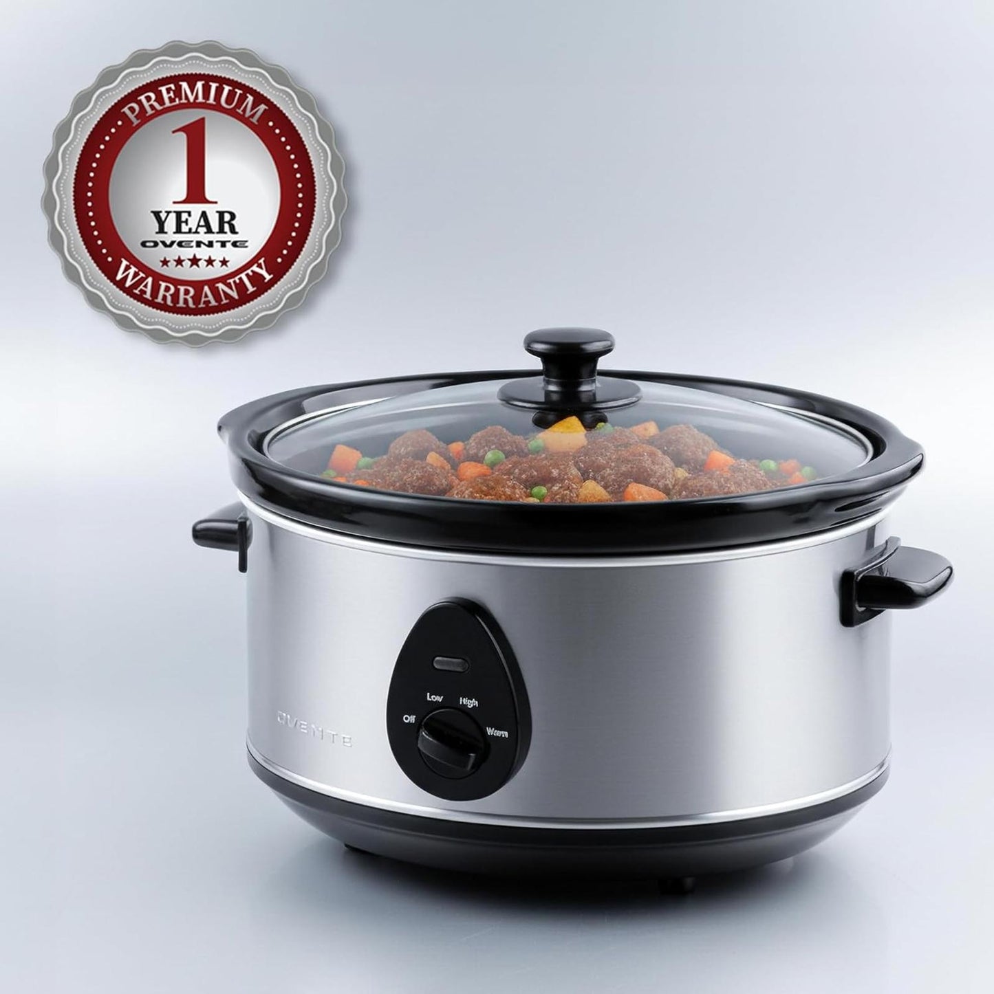 3.7Qt Electric Slow Cooker Stainless Steel Non-Stick Dishwasher Safe Silver
