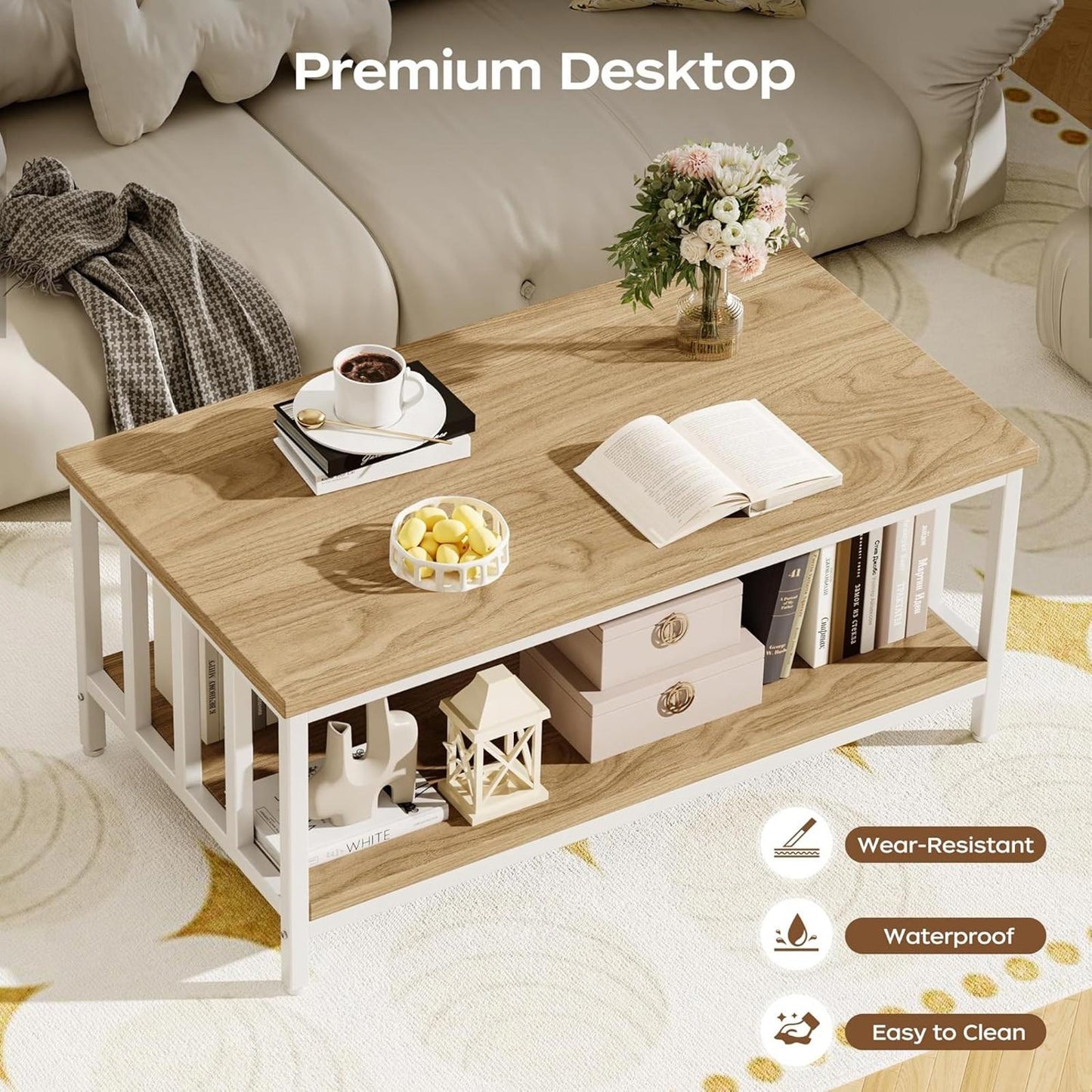 Light Coffee Modern Farmhouse Coffee Table, 39", Two-Tier Storage Design