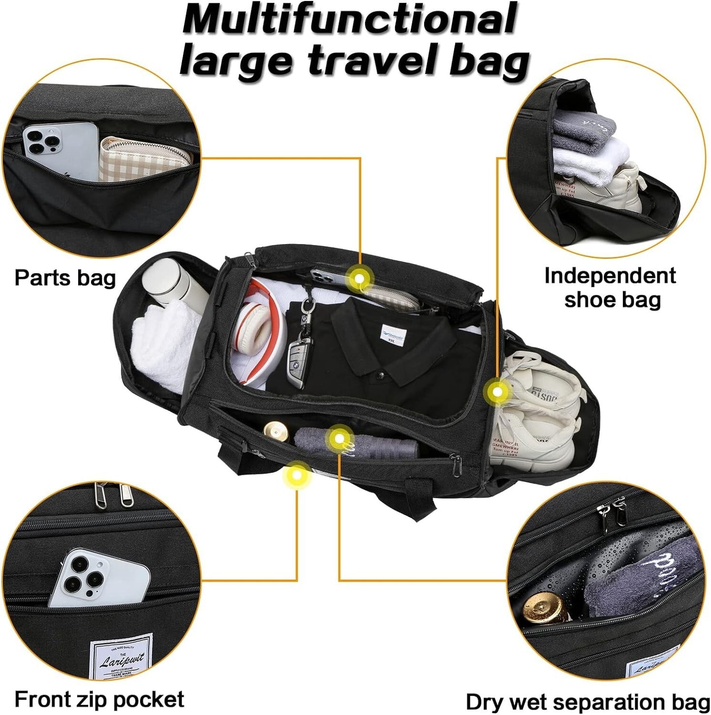 40L Travel Duffel Backpack Gym Bag Shoe Wet Pocket Black