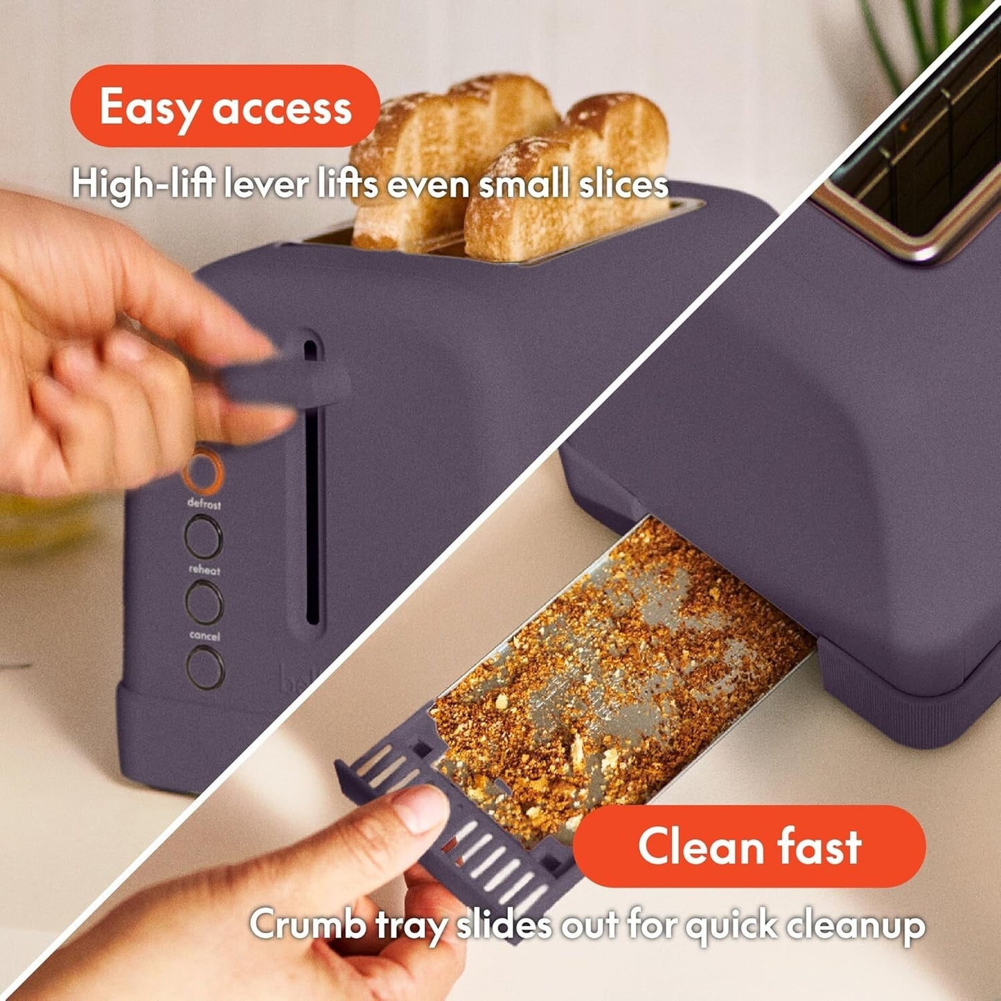 2 Slice Toaster 900W 6 Shade Bagel Crumb Tray Plum