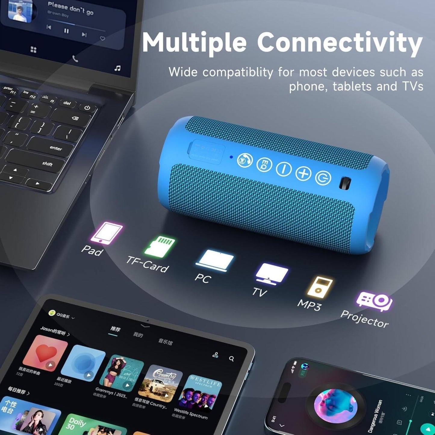 24W Bluetooth Speaker, IPX7 Waterproof, Deep Bass, RGB Lights, 30H Playtime
