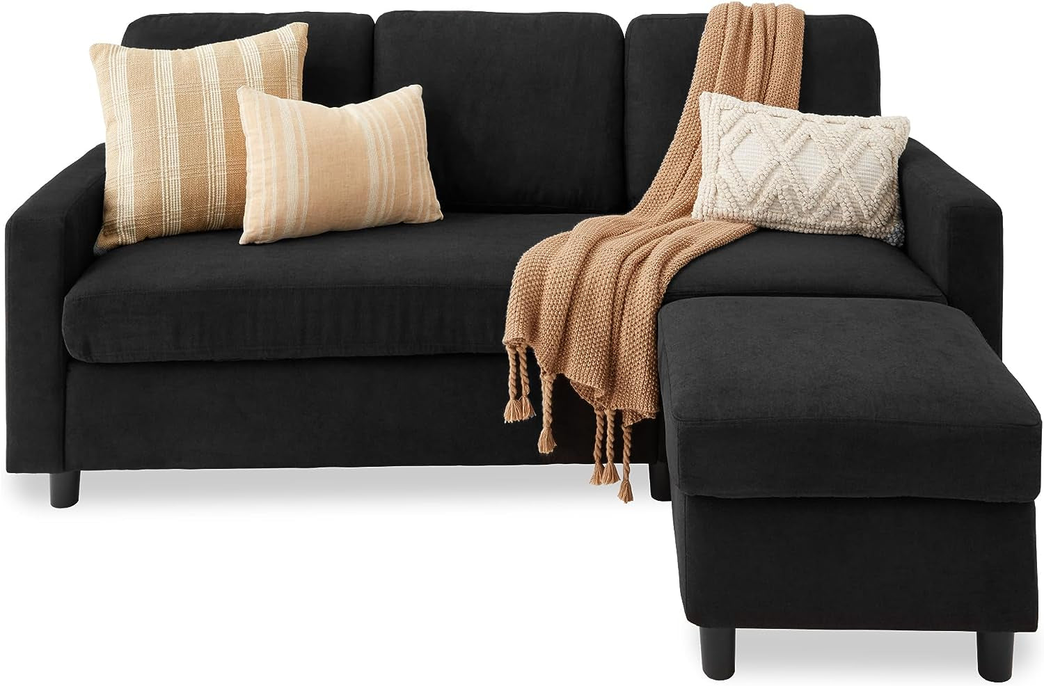 Upholstered Sectional Sofa for Home, Apartment, Dorm, Bonus Room, Compact Spaces W/Chaise Lounge, 3-Seat, L-Shape Design, Reversible Ottoman Bench, 680Lb Capacity - Black or Blue