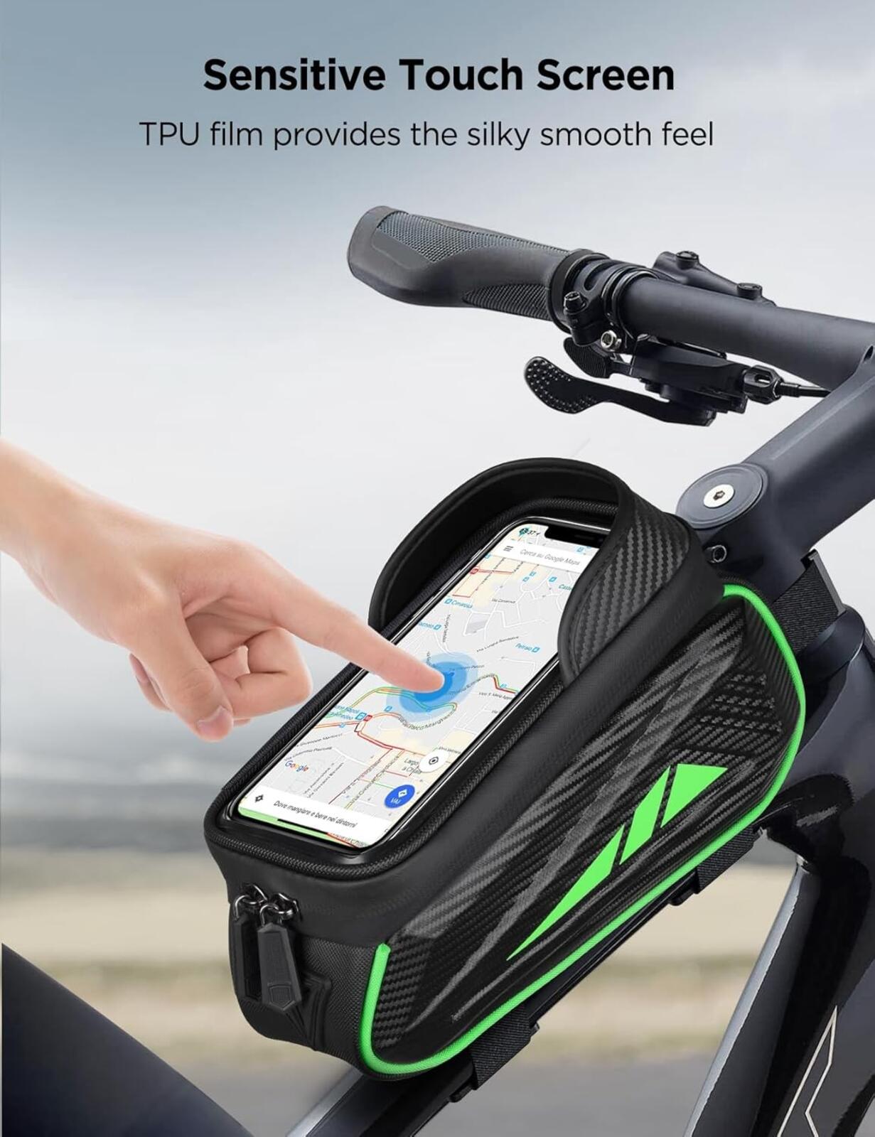 Waterproof Bike Phone Holder Bag Green Frame Pouch Touchscreen Fits 7" Phones