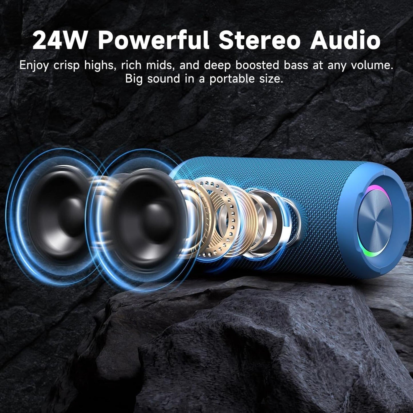24W Bluetooth Speaker, IPX7 Waterproof, Deep Bass, RGB Lights, 30H Playtime