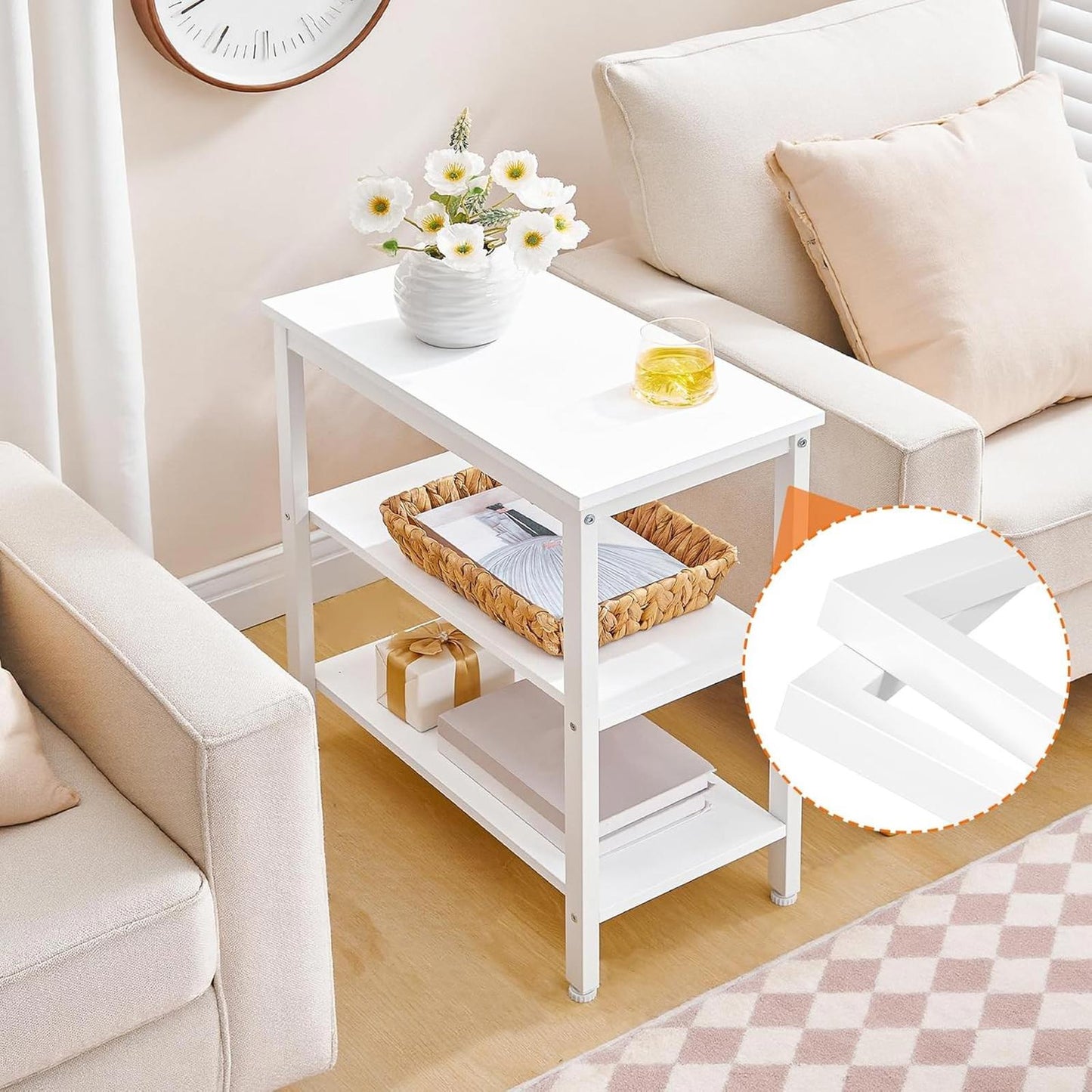 Rustic 3-Tier End Table Nightstand Narrow Side Table White