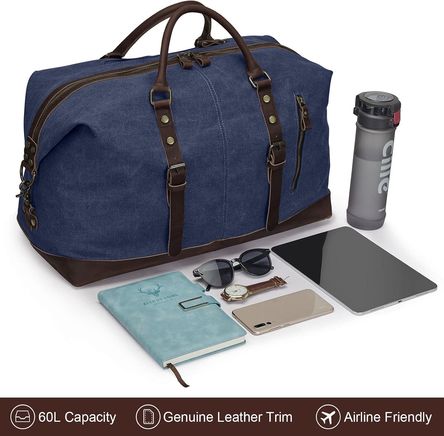 Canvas Travel Duffel Bag Crazy Horse Leather Trim Weekender