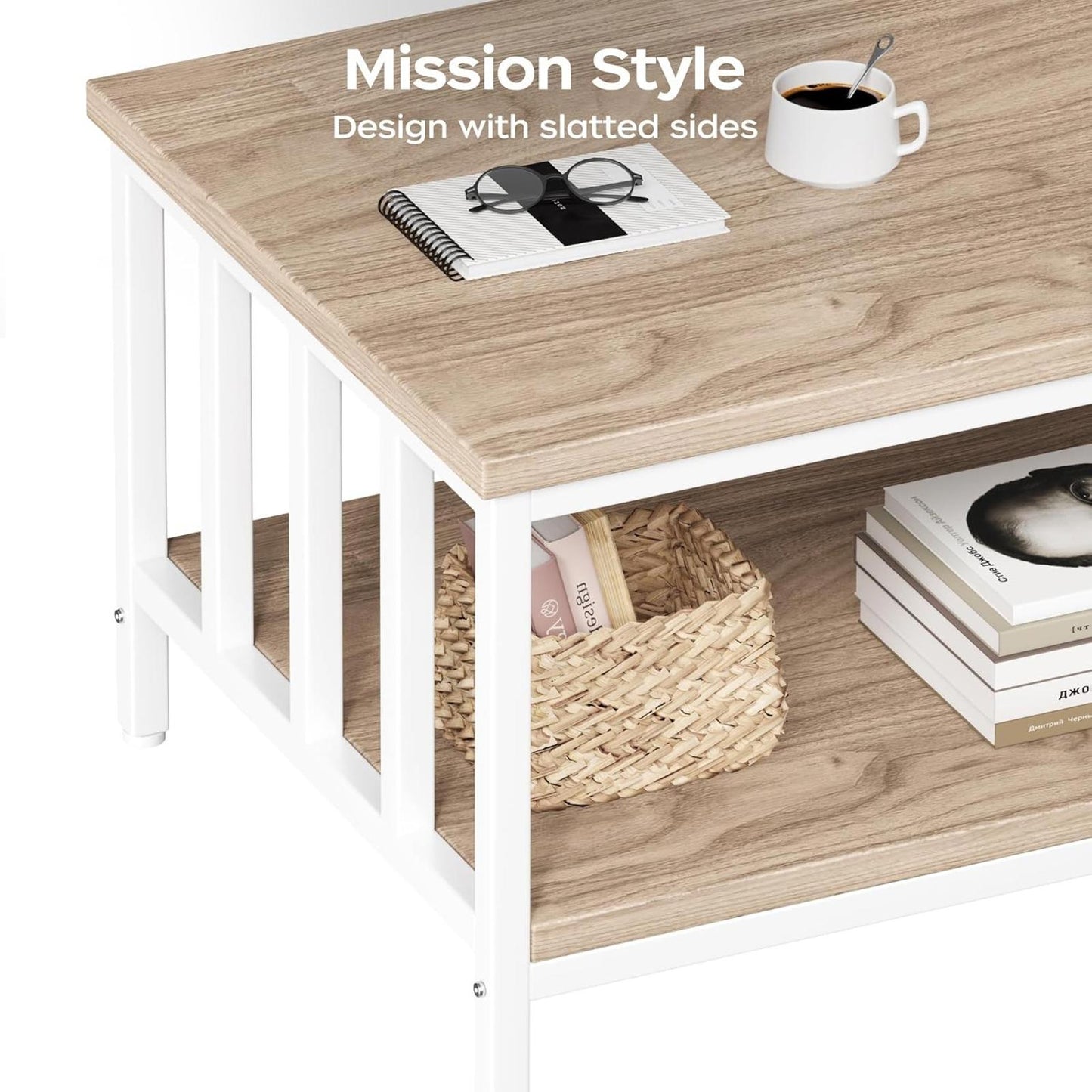 Light Coffee Modern Farmhouse Coffee Table, 39", Two-Tier Storage Design