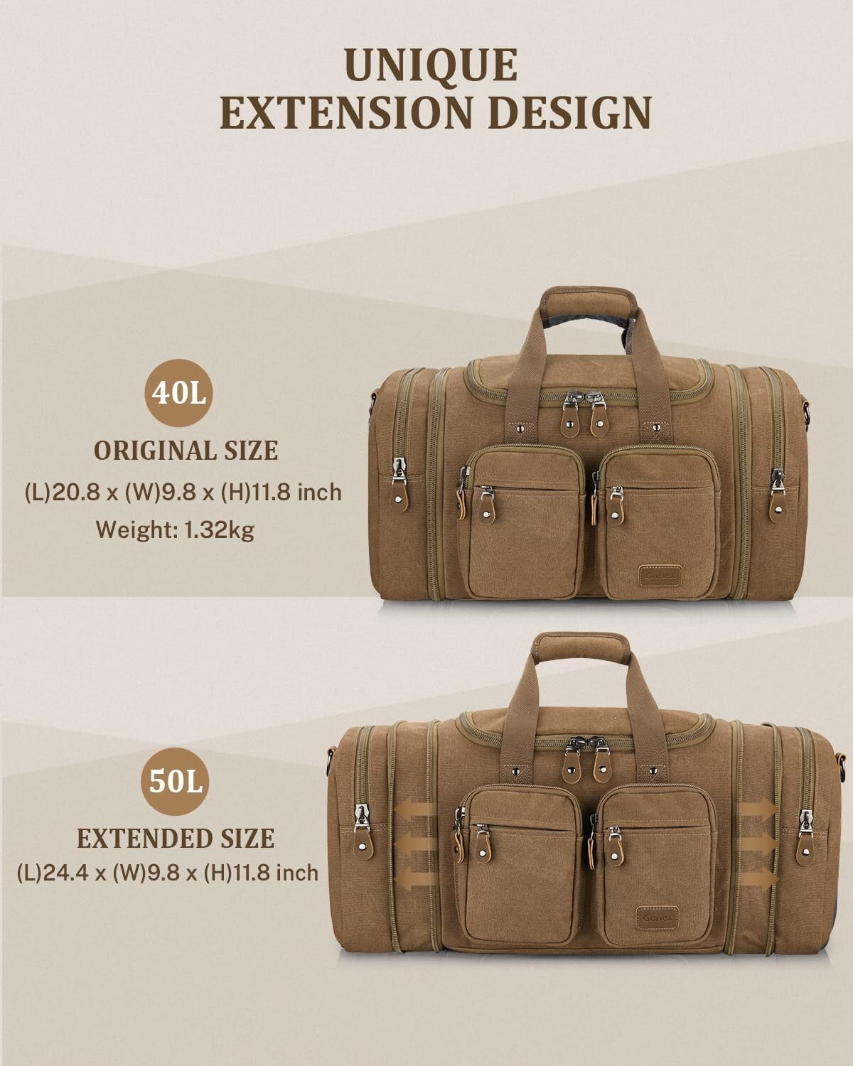 50L Expandable Duffle Bag Water Resistant Pocket Carry On