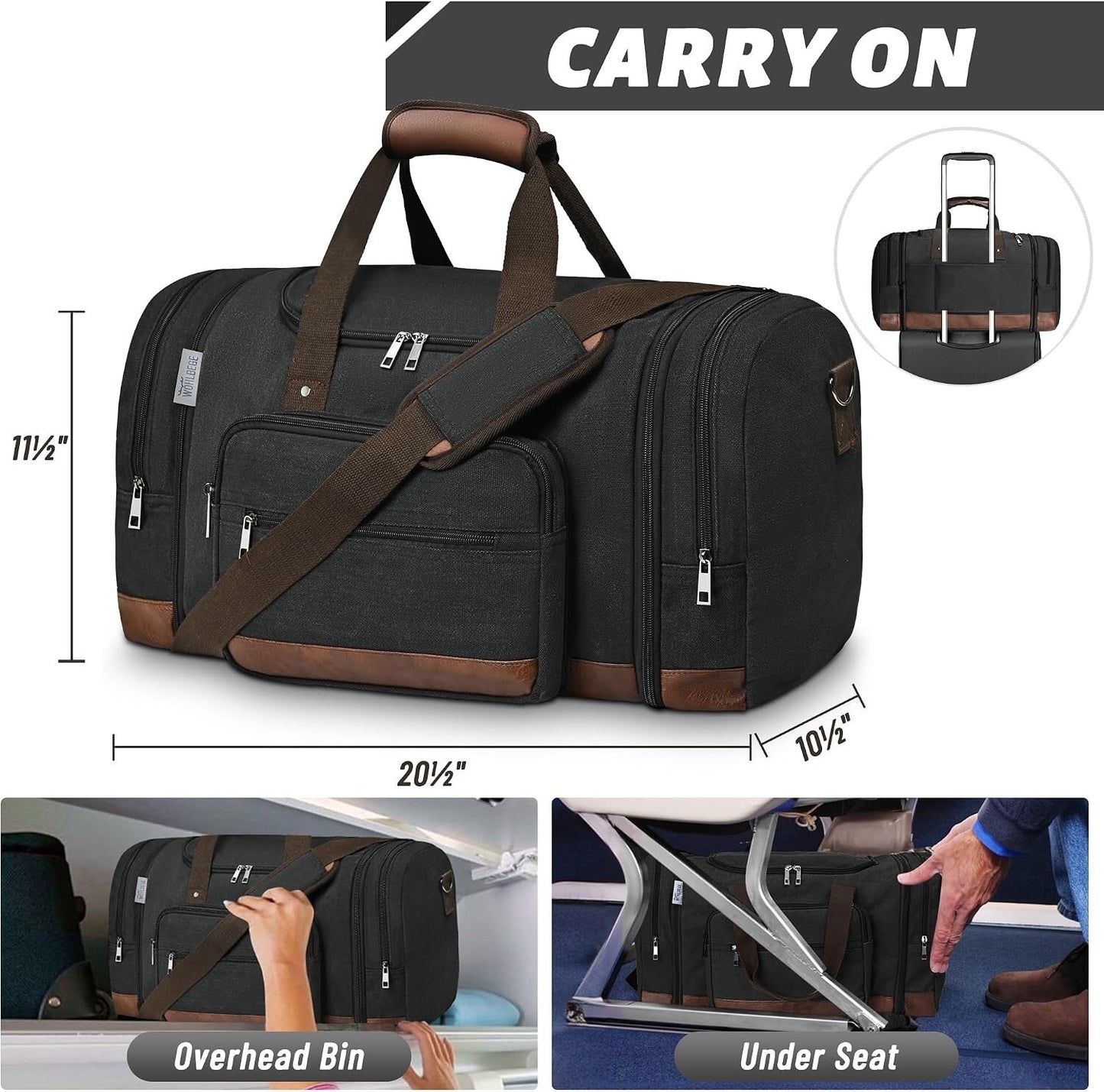 50L Expandable Canvas Travel Duffel Bag Carry On