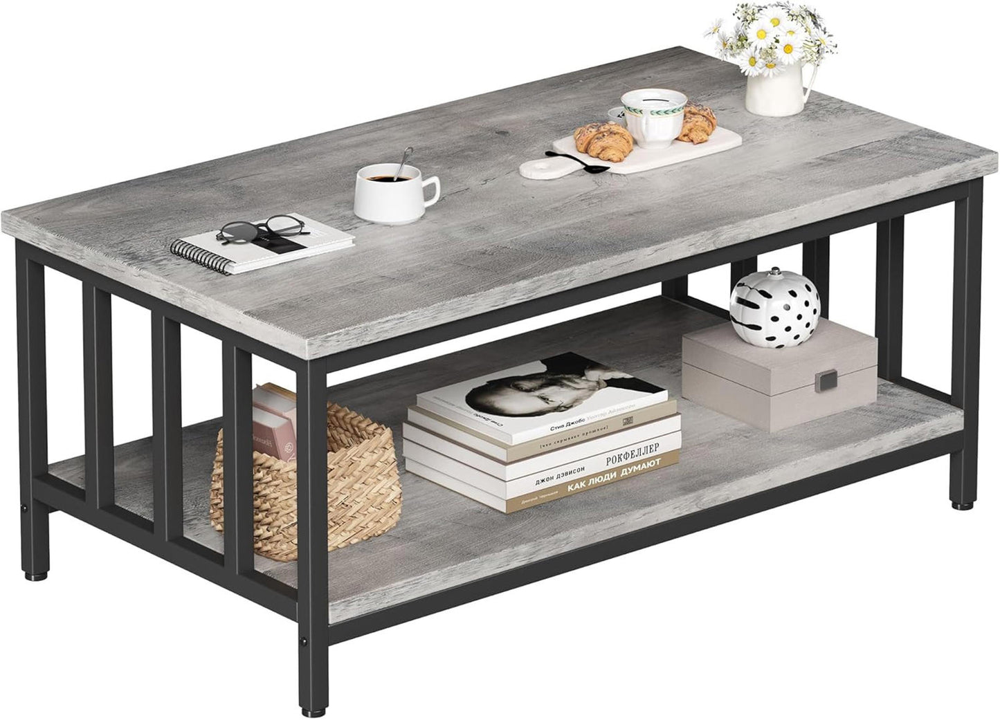 39" Grey Wash Modern Farmhouse Coffee Table with Two-Tier Storage