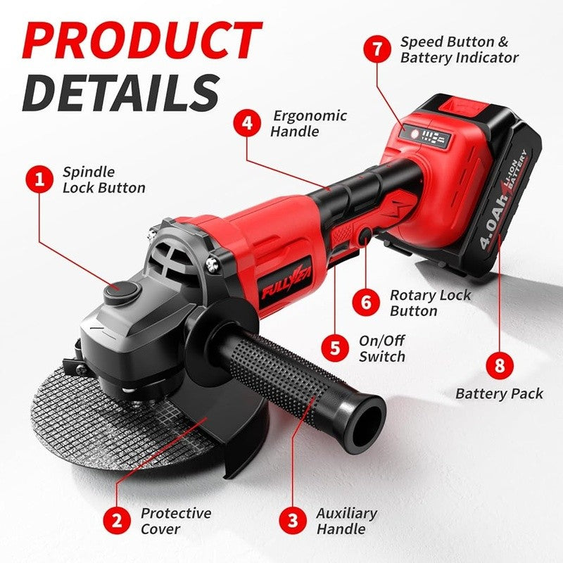 Cordless Angle Grinder 3 Speed Brushless Motor 4.5 Inch 2 Batteries Charger Set6