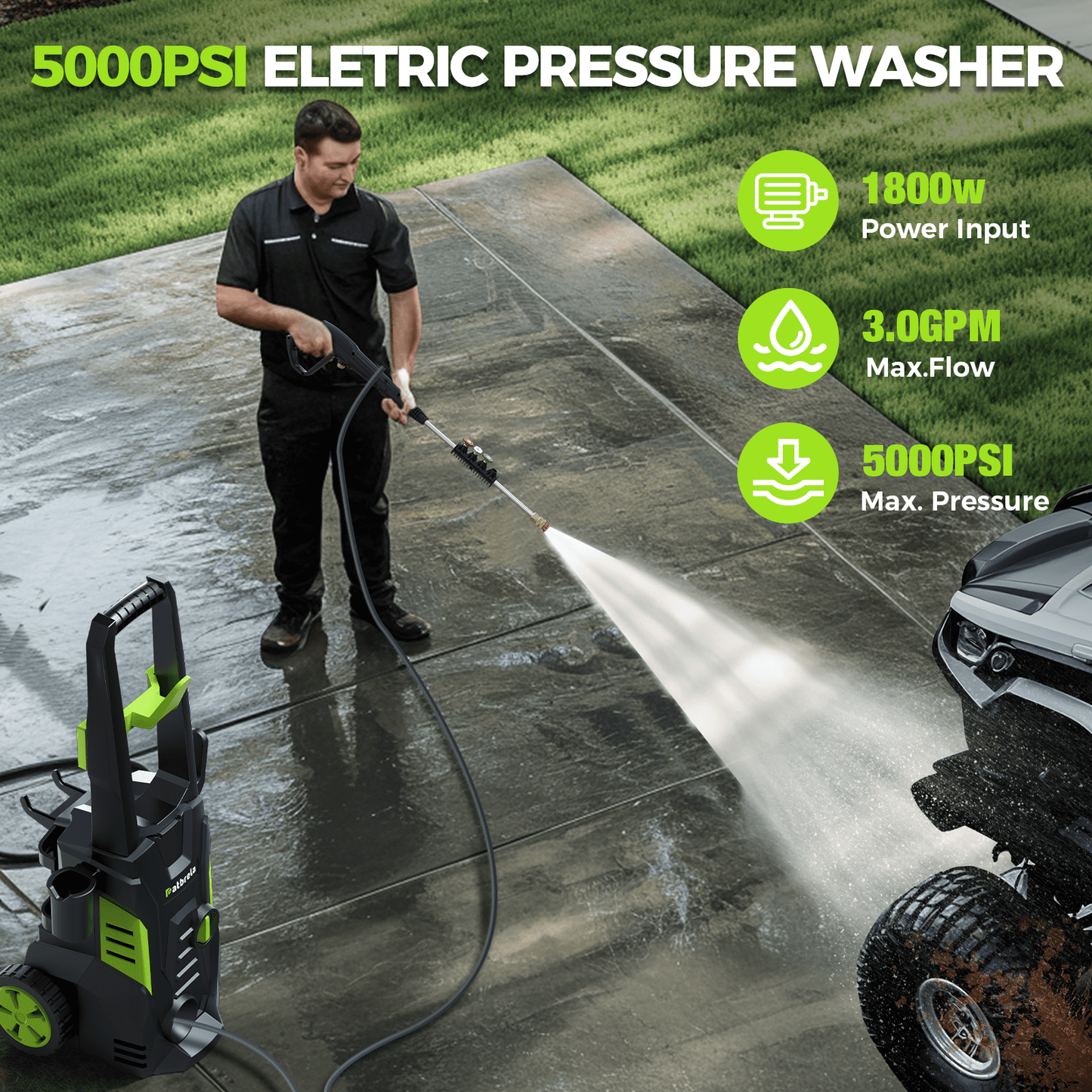 1800W Electric Pressure Washer, 5000PSI - Green6