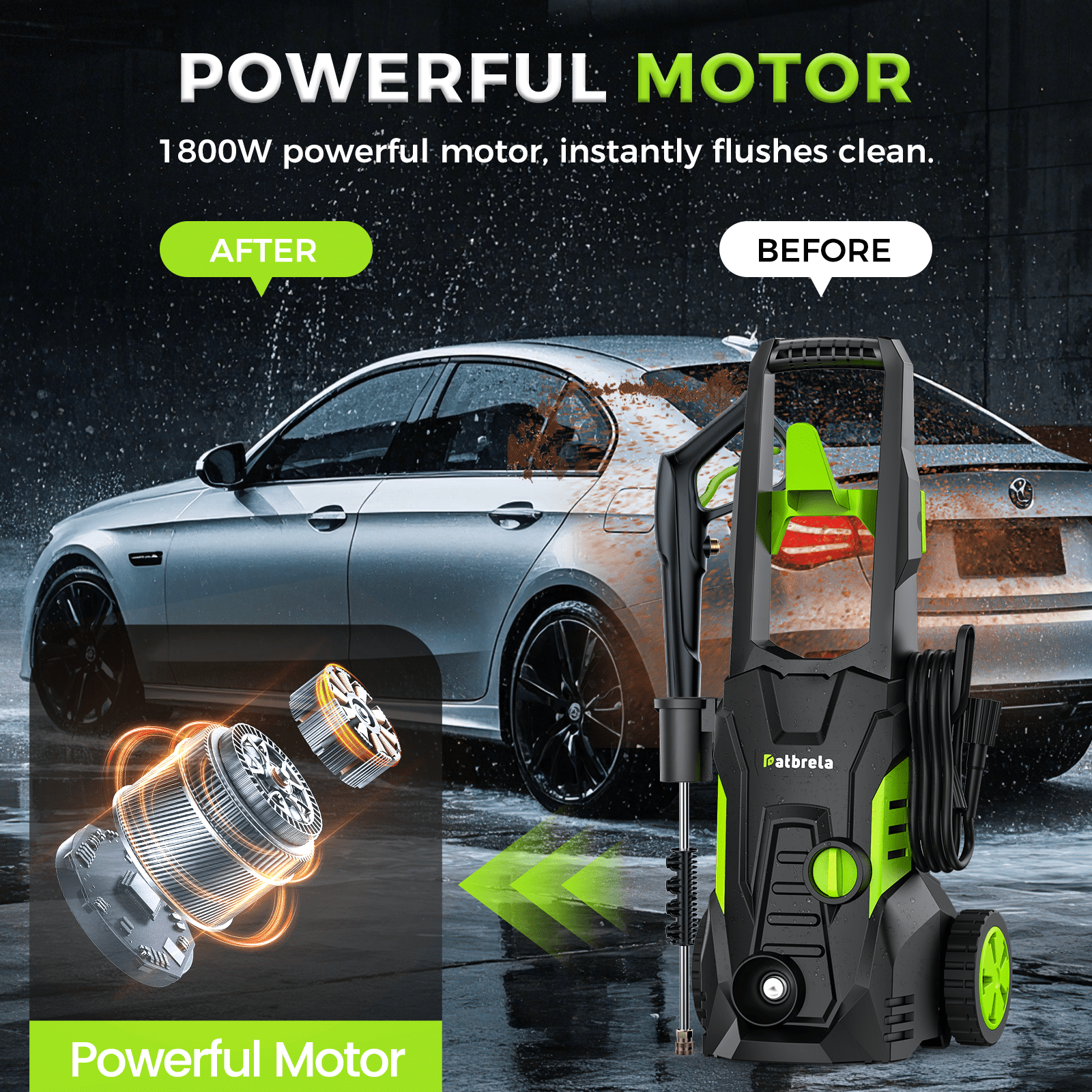 1800W Electric Pressure Washer, 5000PSI - Green2